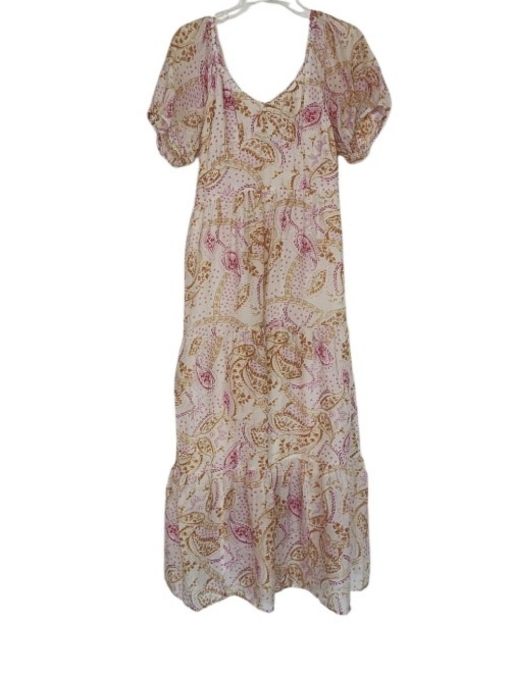 Boho Paisley Puff-Sleeve Maxi Dress in Cream and Pink Sz Med Nwt - Picture 1 of 5